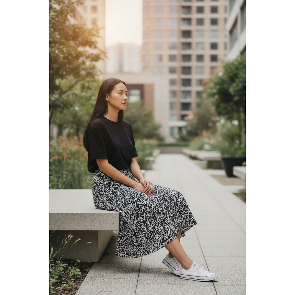 Worthington Stretch Black‎ White Leaf Print Midi Skirt Women's Small